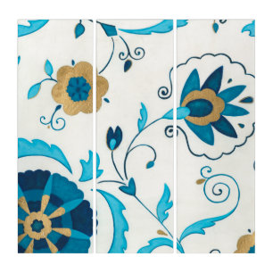 Gilded Indigo Flowers with White Background Triptych