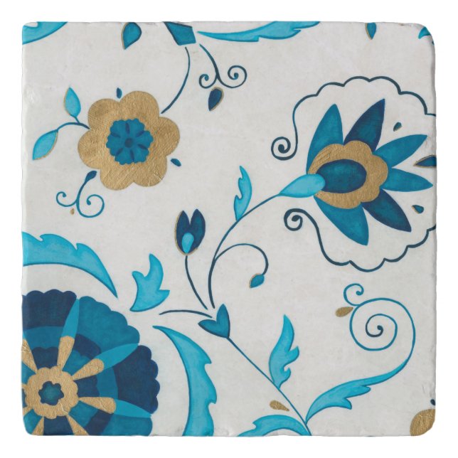 Gilded Indigo Flowers with White Background Trivet (Front)
