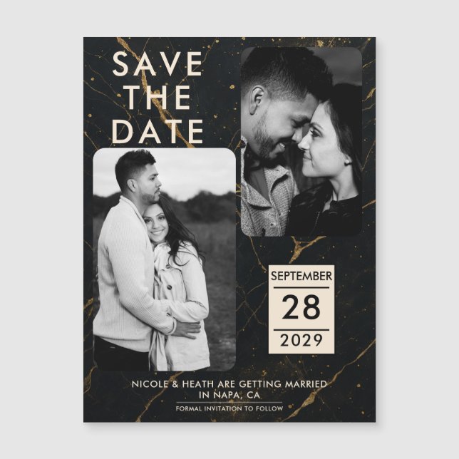 Gilded Midnight Marble Black & Gold Save Date (Front)