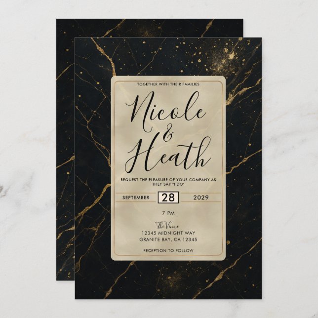 Gilded Midnight Marble Black & Gold Wedding  Invitation (Front/Back)