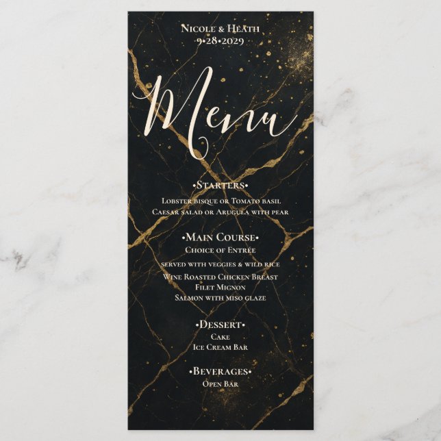 Gilded Midnight Marble Black & Gold Wedding  Menu (Front)