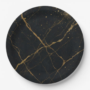 Gilded Midnight Marble Black & Gold Wedding  Paper Plates