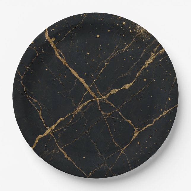 Gilded Midnight Marble Black & Gold Wedding  Paper Plates (Front)