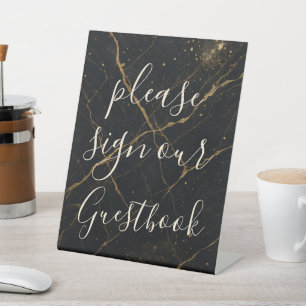 Gilded Midnight Marble Black & Gold Wedding  Pedestal Sign