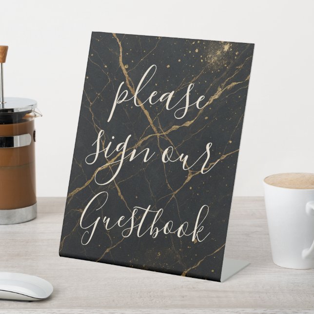 Gilded Midnight Marble Black & Gold Wedding  Pedestal Sign (In SItu)