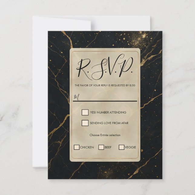 Gilded Midnight Marble Black & Gold Wedding RSVP Invitation (Front)
