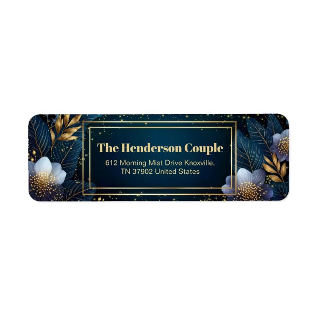 Gilded Midnight Navy Starry Botanical Address Label (Front)