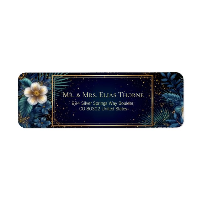 Gilded Midnight Navy Starry Botanical Address Label (Front)