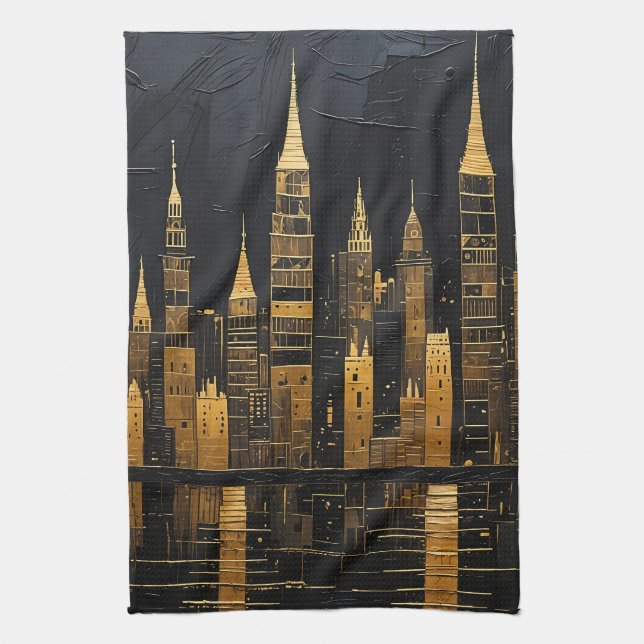 Gilded Midnight Skyline Kitchen Towel (Vertical)