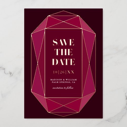 Gilded Modern Garnet Red Gem Save The Date REAL Foil Invitation