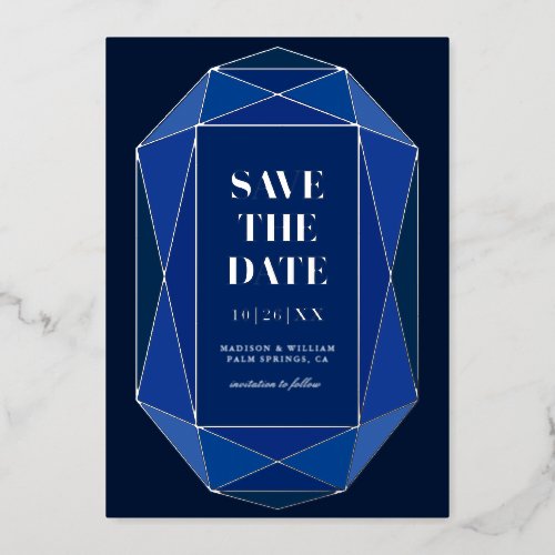 Gilded Modern Sapphire Blue Gem Save The Date REAL Foil Invitation