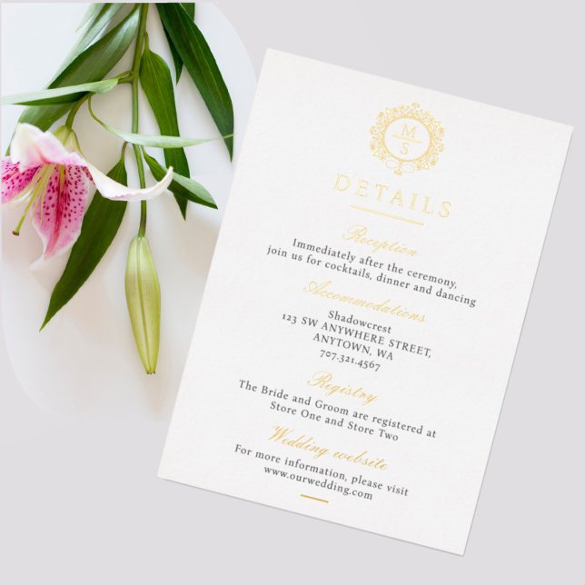 Gilded Monogram Wedding Details Enclosure Card (I wish you happiness!)