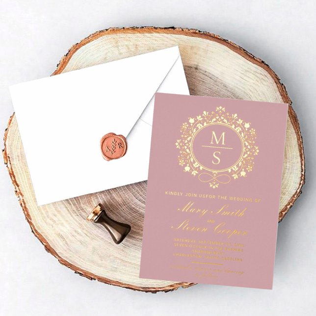 Gilded Monogram Wedding Invitations (I wish you happiness!)