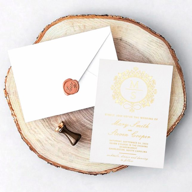 Gilded Monogram Wedding Invitations (I wish you happiness!)