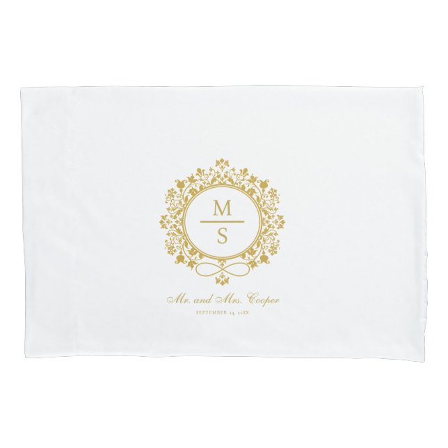 Gilded Monogram Wedding White and gold Pillow Case (Front)