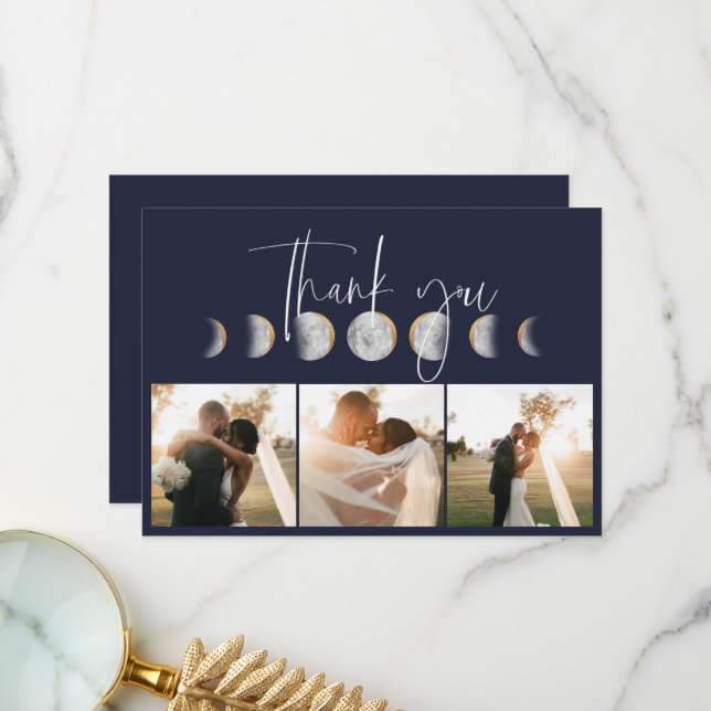 Gilded Moon Phase Wedding Photo Thank You Card (Front/Back In Situ)