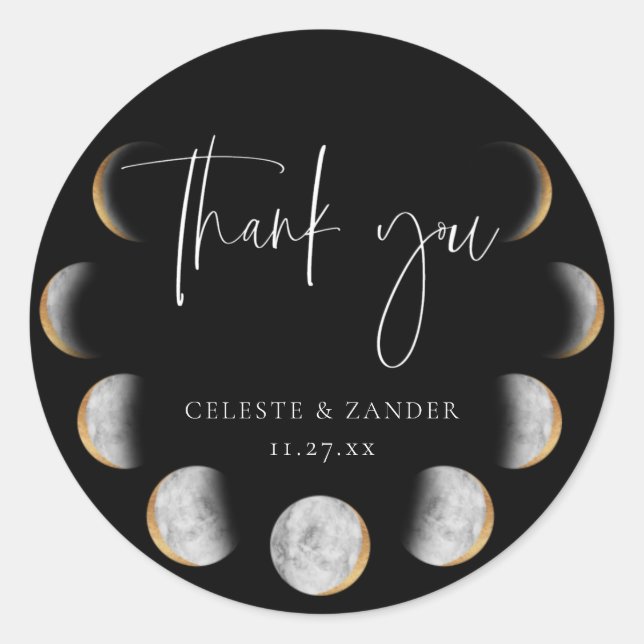 Gilded Moon Phases Wedding Thank You Classic Round Sticker (Front)