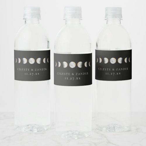 Gilded Moon Phases Wedding Water Bottle Label