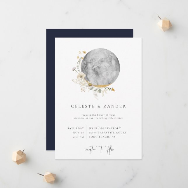 Gilded Moon Wildflower Wedding Invitation (Front/Back In Situ)