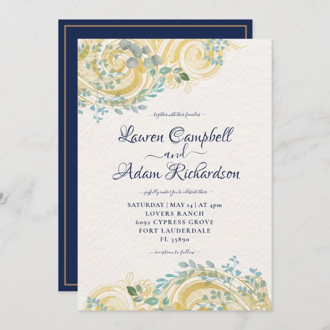 Gilded Navy Blue and Cream Foliage Invitation (Front/Back)