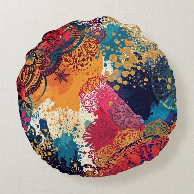 Gilded Papel Picado Lace Abstract Round Pillow (Back)