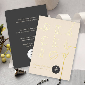 Gilded Peace & Joy Geo Lines Typography Business Foil Holiday Card by fat_fa_tin at Zazzle
