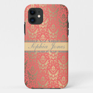 Gilded Peach Elegant Faux Shimmer Damask iPhone 11 Case