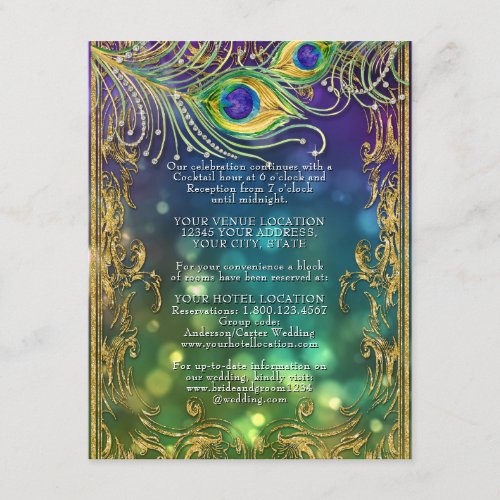 Gilded Peacock Feathers Jewel Gold Wedding Details Enclosure Card