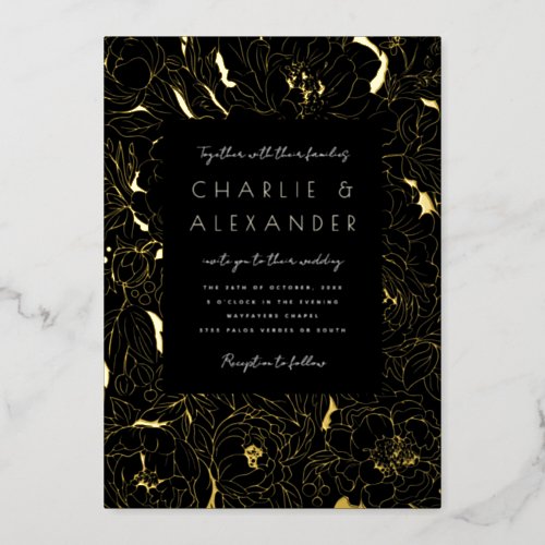 Gilded Peonies Black and Gold Foil Invitation