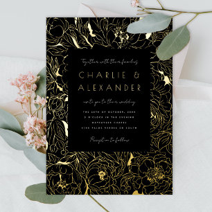 Gilded Peonies Black and Gold Foil Invitation