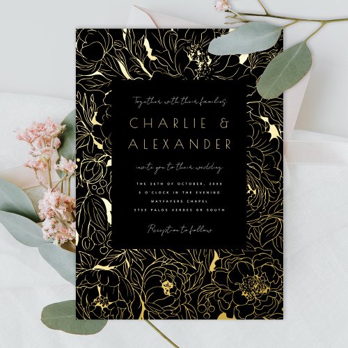 Gilded Peonies Black and Gold Foil Invitation
