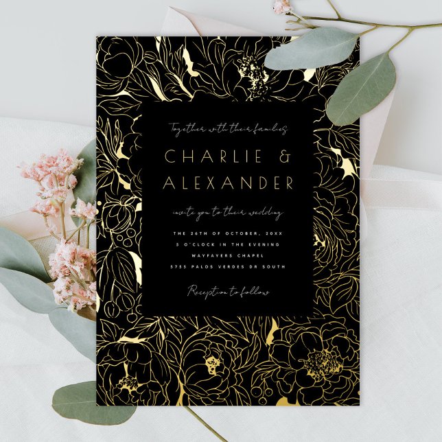 Gilded Peonies Black and Gold Foil Invitation (Creator Uploaded)