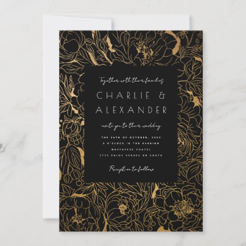 Gilded Peonies Black and Gold Invitation
