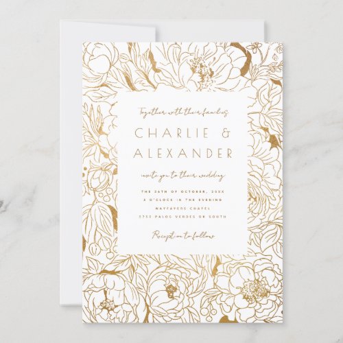 Gilded Peonies White Gold Invitation
