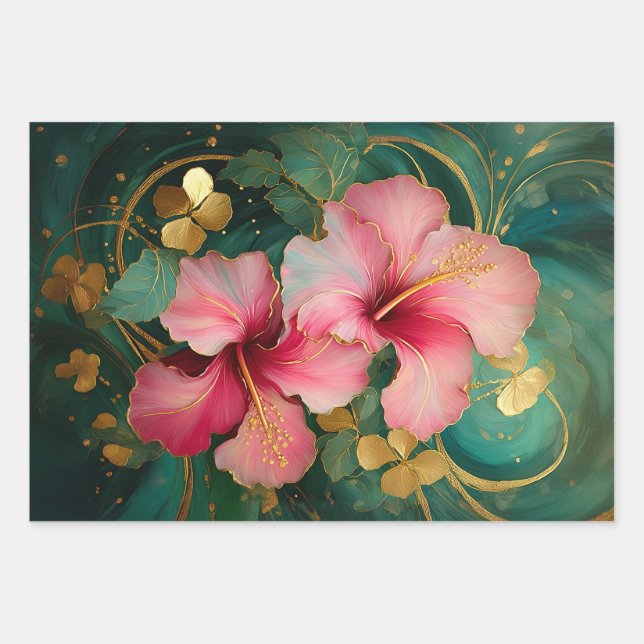 Gilded Pink Hibiscus, Coconut Grove Wrapping Paper Sheets (Front 2)