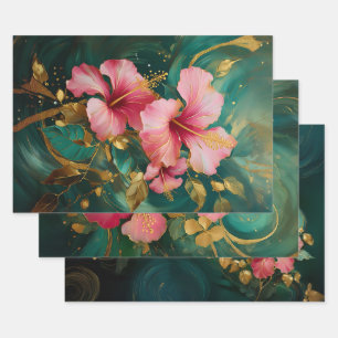Gilded Pink Hibiscus, Coconut Grove Wrapping Paper Sheets