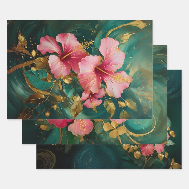 Gilded Pink Hibiscus, Coconut Grove Wrapping Paper Sheets (Set)