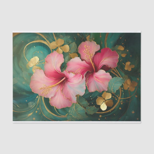 Gilded Pink Hibiscus Gold, Formal Florals Tissue Paper (Front)
