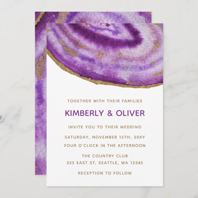 Gilded Purple Agate Wedding Invitations (Front/Back)