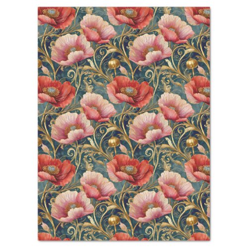 Gilded Red and Pink Poppies Allover pattern Tissue Paper