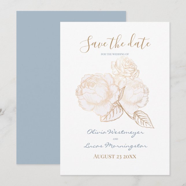 Gilded Rose Dusty Blue Ivory Save the Date Invitation (Front/Back)