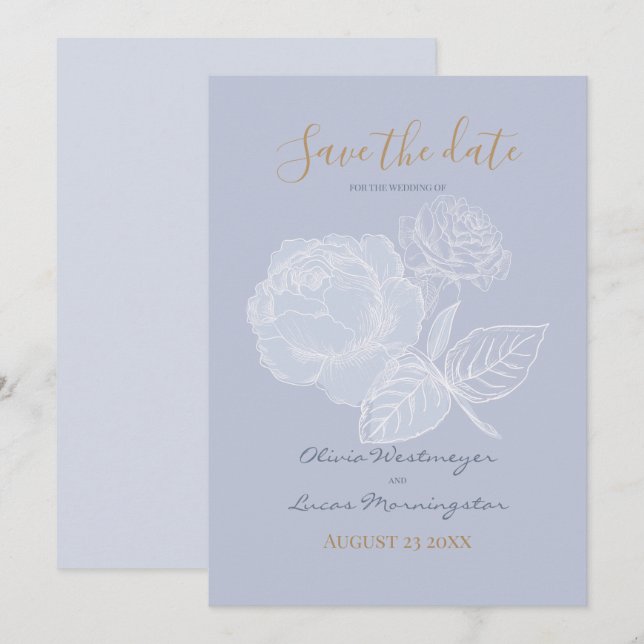 Gilded Rose Dusty Blue Watercolor Save the Date Invitation (Front/Back)