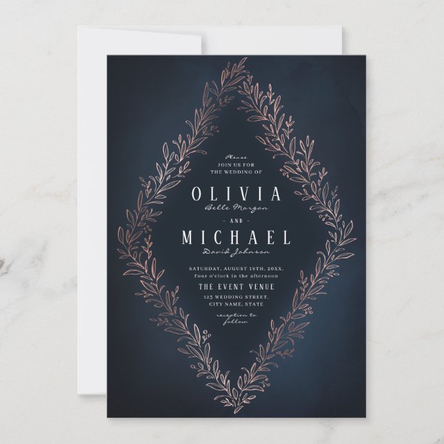 Gilded rose gold navy botanical elegant wedding invitation (Front)