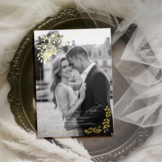 Gilded Roses Formal Photo Wedding Save the Date Foil Invitation (foil wedding save the date photo card template roses floral botanical gold foil regal royal stately)
