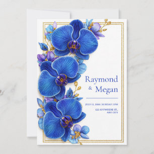 Gilded Royal Blue Orchid Botanical Wedding Invitation