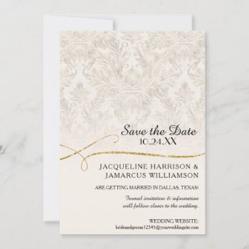 Gilded Scroll Damask Ivory Gold Save The Date by EverythingWedding at Zazzle