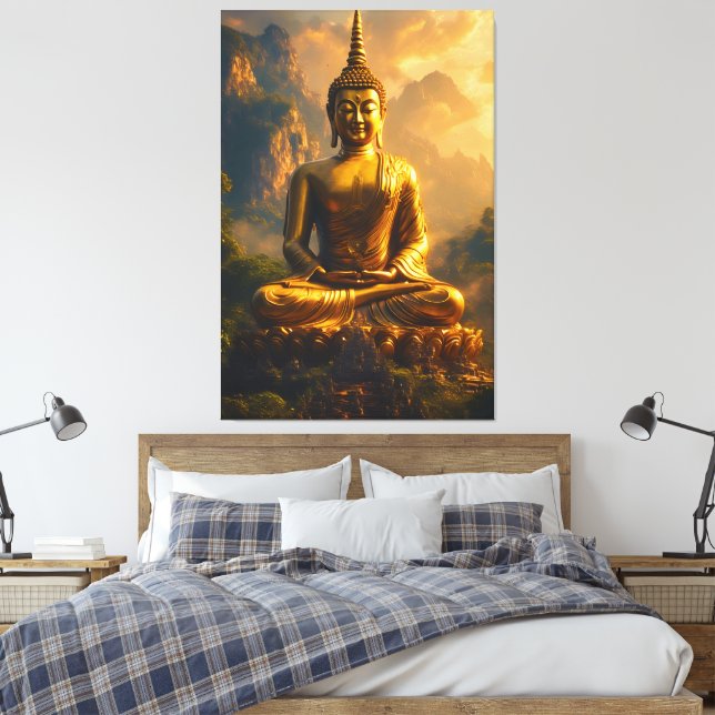 Gilded Seated Buddha Under a Sunset Sky Canvas Print (Insitu(Bedroom))