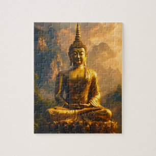 Gilded Seated Buddha Under a Sunset Sky Jigsaw Puzzle