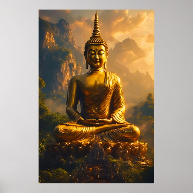 Gilded Seated Buddha Under a Sunset Sky Poster (Front)
