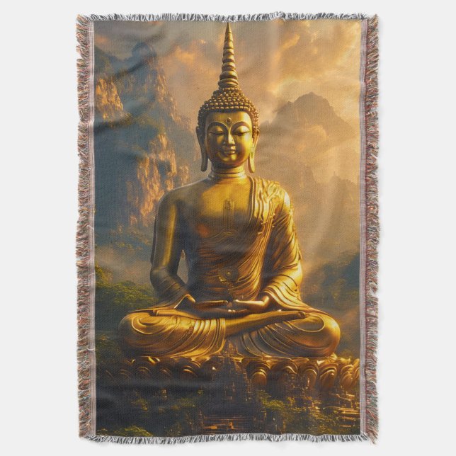 Gilded Seated Buddha Under a Sunset Sky Throw Blanket (Front Vertical)